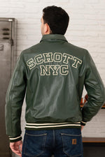 Schott's cowhide leather varsity jacket, green and off-white stripes. - Image n°1