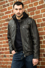 Black sheepskin jacket with a rub-off finish and removable hood. - Image n°2