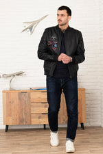 Navy blue biker collar leather jacket with PAF patches - Image n°8
