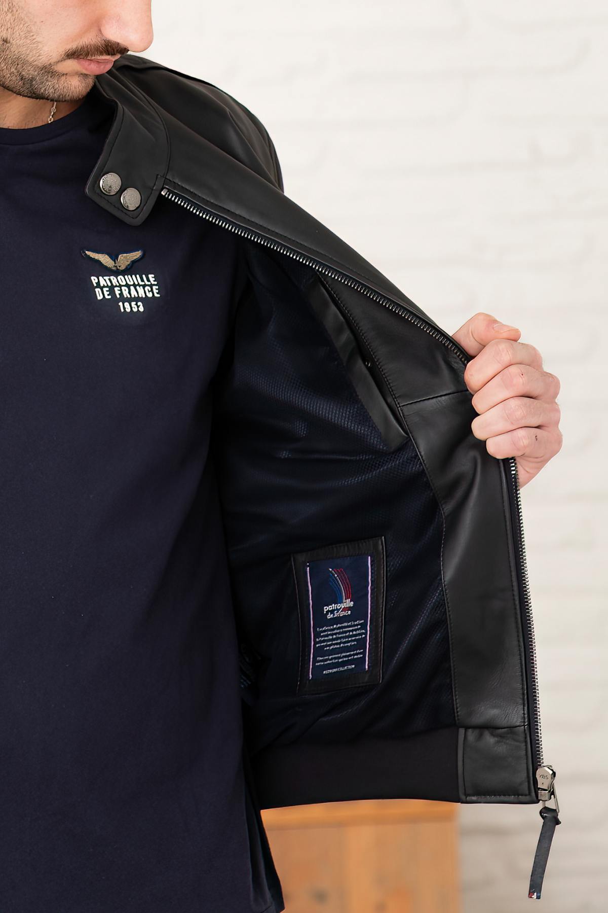 Navy blue biker collar leather jacket with PAF patches - Image n°9