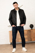 Black PAF leather bomber jacket with shirt collar - Image n°10