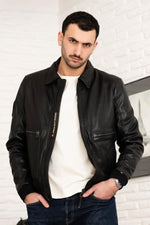 Black PAF leather bomber jacket with shirt collar - Image n°8