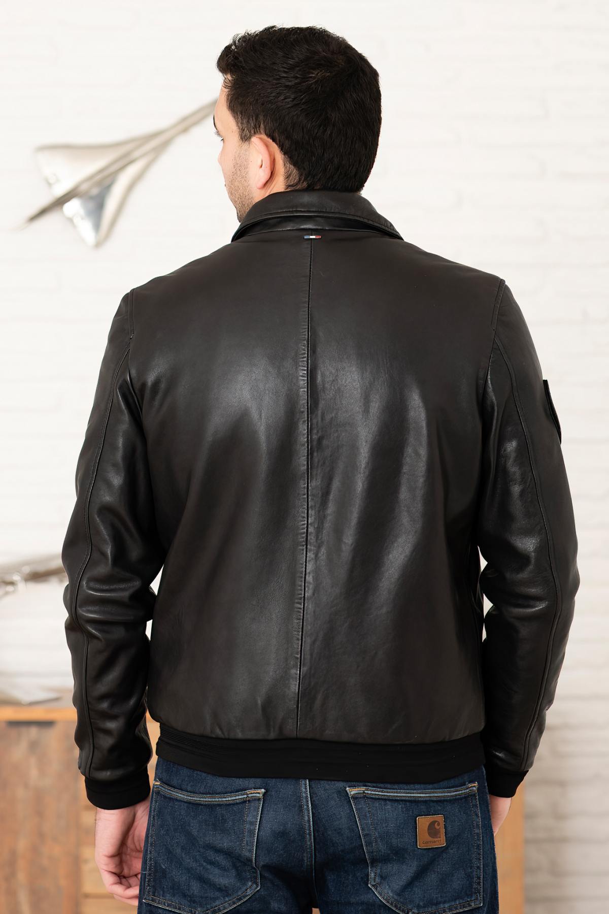 Black PAF leather bomber jacket with shirt collar - Image n°9