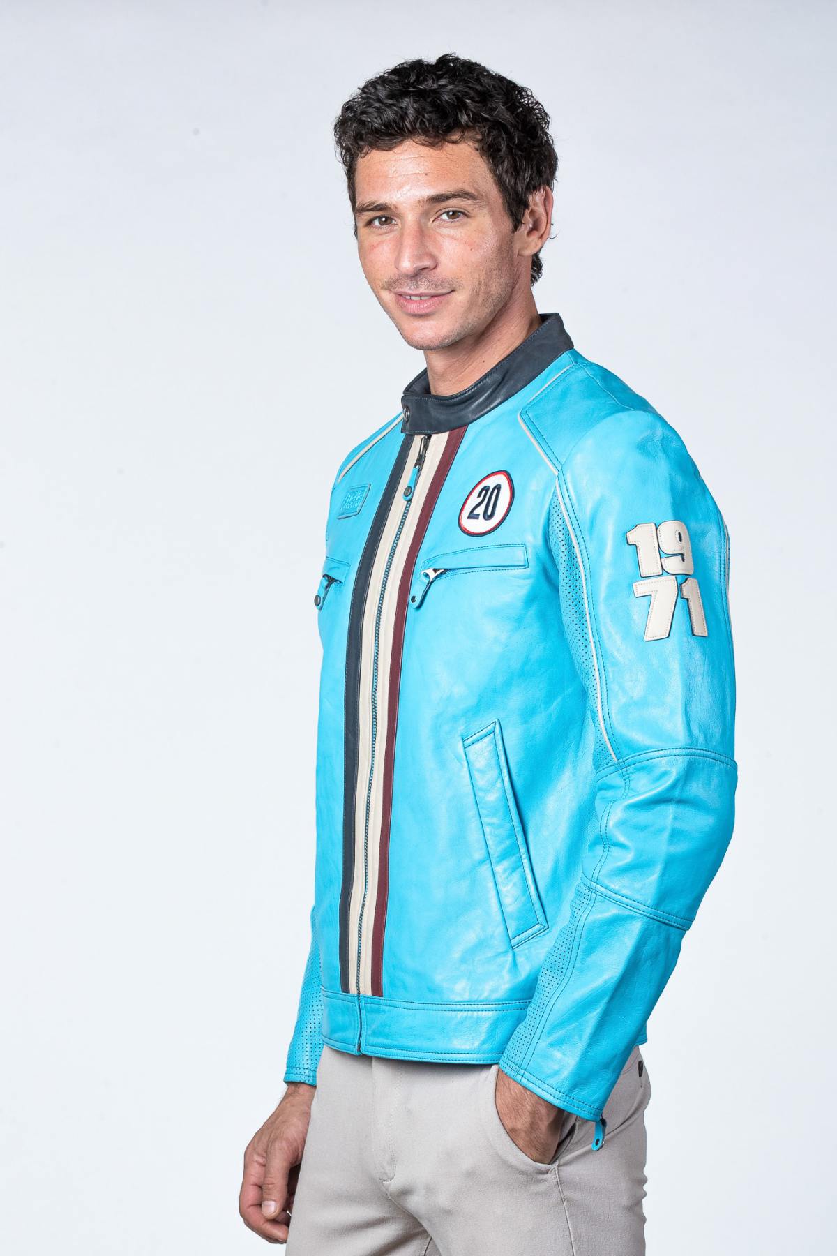 Nordic blue sheepskin jacket with slim fit and racing details. - Image n°10