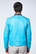 Nordic blue sheepskin jacket with slim fit and racing details. - Image n°11