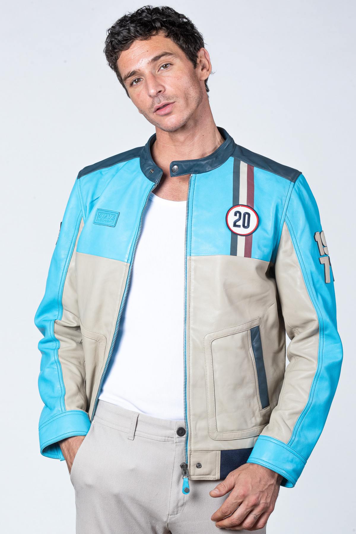 Lamb-soft sheep leather in Nordic blue. Regular fit, biker collar. - Image n°1