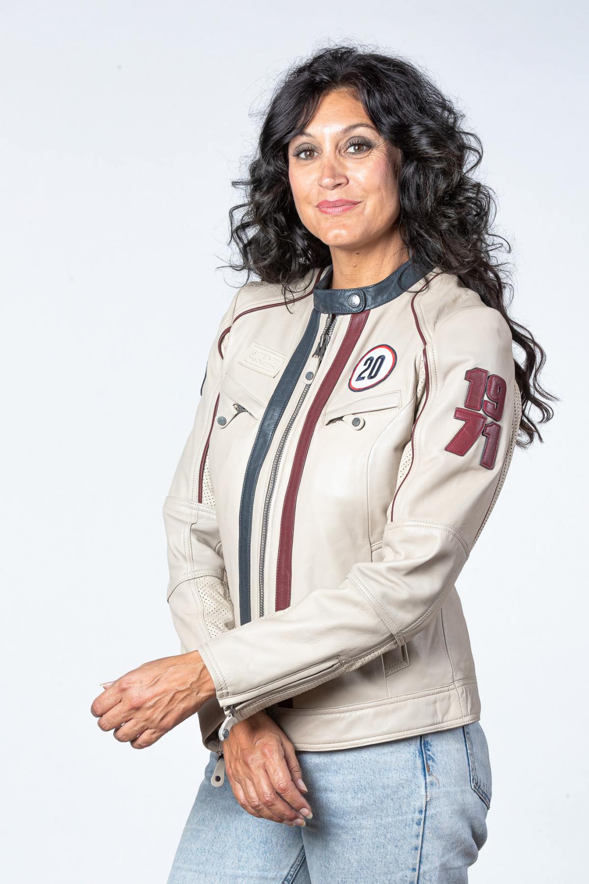 Women's ecru racing leather jacket - Image n°1