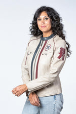 An ecru sheepskin jacket: straight fit, moto collar, timeless style. - Image n°1