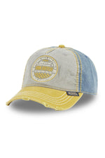 Embroidered cotton cap with worn effect in blue, grey and yellow - Image n°1
