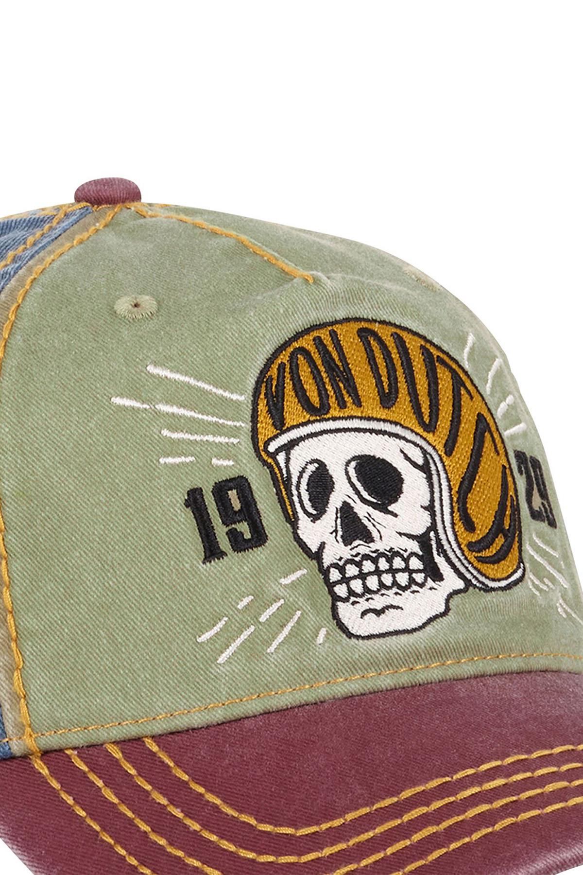 Embroidered cotton cap with worn effect in red, green and blue - Image n°3