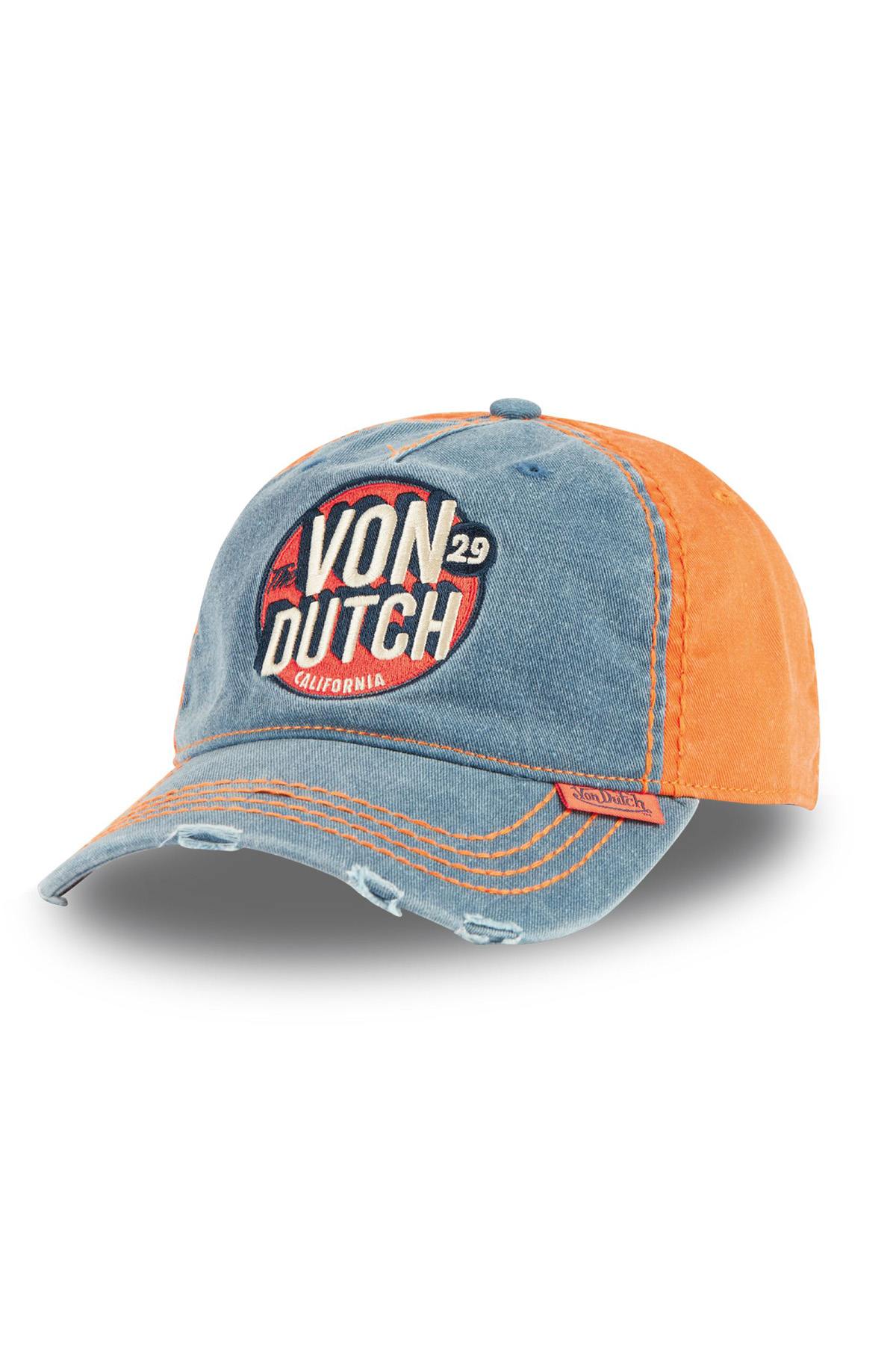 Embroidered cotton cap with worn blue and orange effect - Image n°1