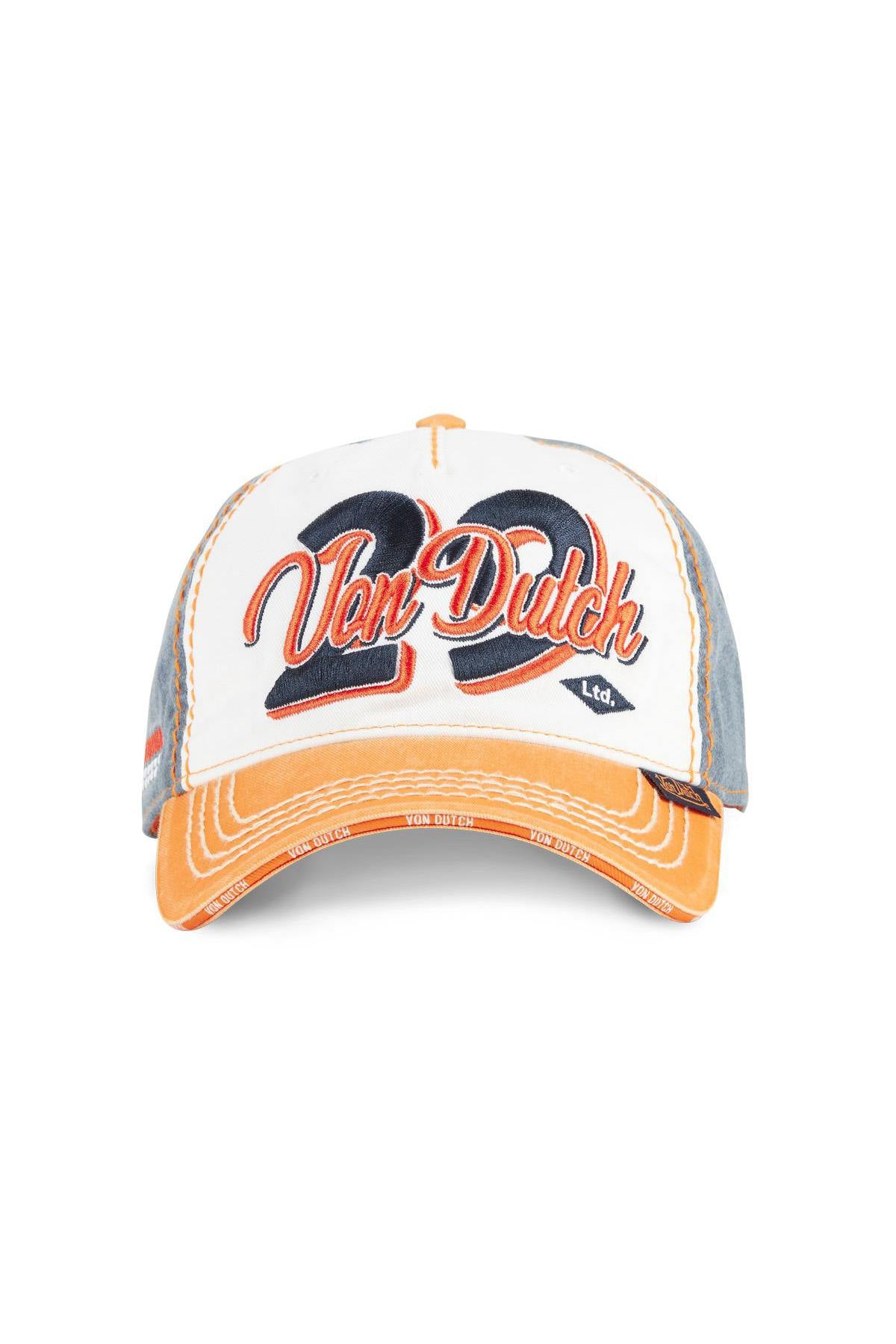 Embroidered cotton cap with worn effect in orange, white and blue - Image n°3