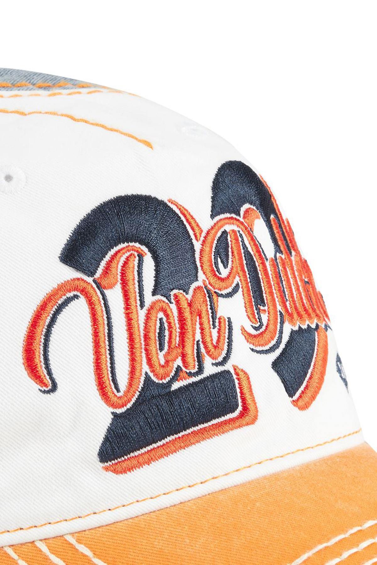 Embroidered cotton cap with worn effect in orange, white and blue - Image n°2
