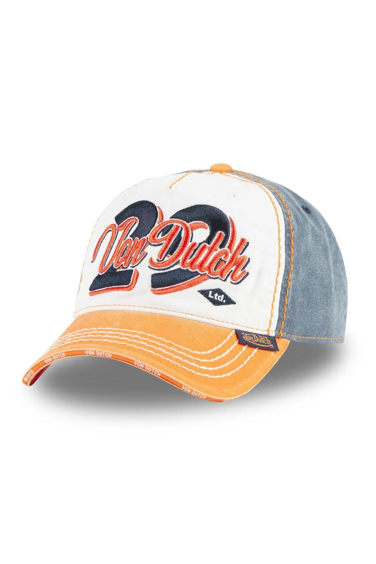 Embroidered cotton cap with worn effect in orange, white and blue - Image n°1