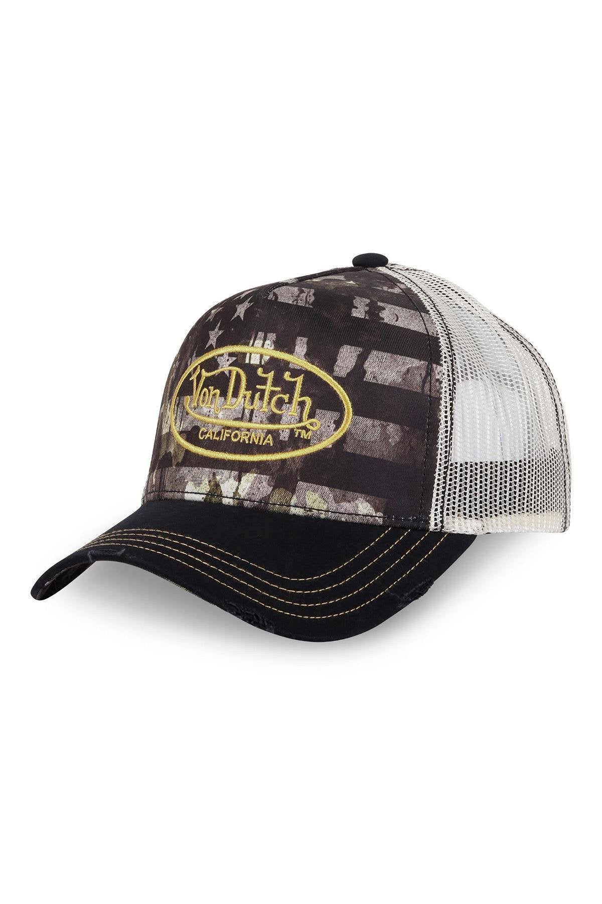 Trucker cap with yellow embroidered logo on printed pattern - Image n°1