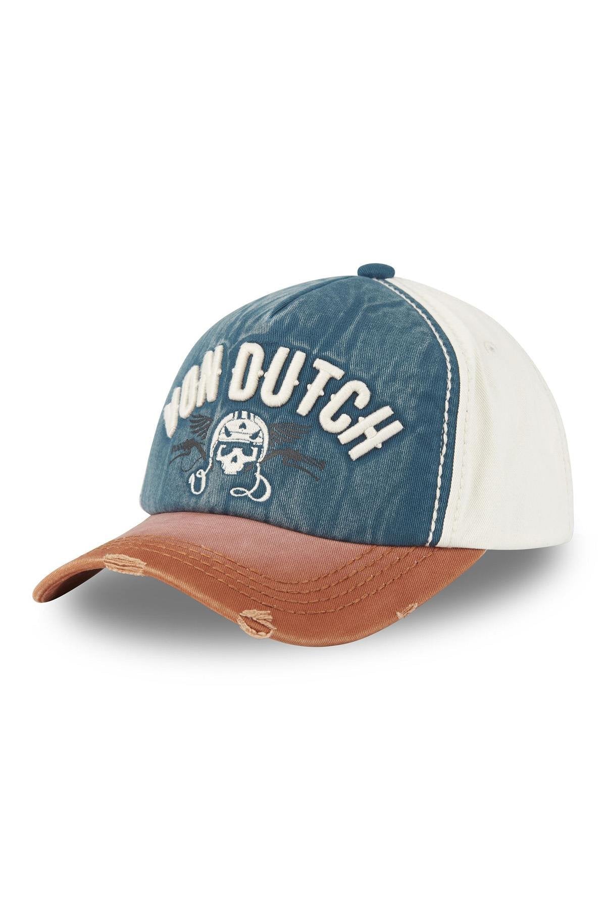 Embroidered cotton cap with worn effect in blue, white and red - Image n°2