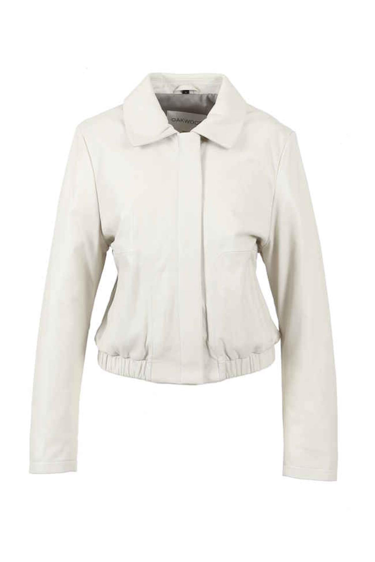 White leather jacket with shirt collar and tight waist - Image n°6