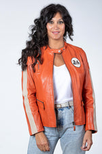 Women's racing orange leather jacket - Image n°1