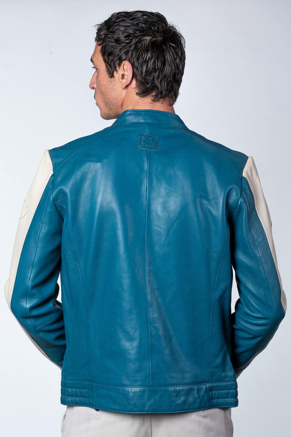 Soft ocean-blue sheep leather biker jacket, lightweight and stylish. - Image n°3