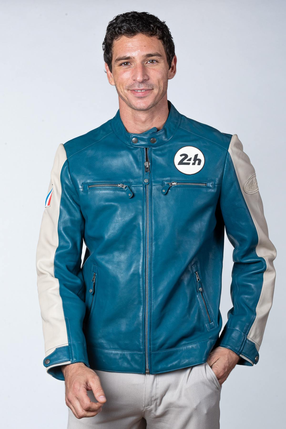 Ocean blue leather jacket with biker collar, vegetable tanning - Image n°4