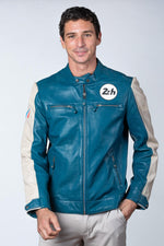 Ocean blue leather jacket with biker collar, vegetable tanning - Image n°5