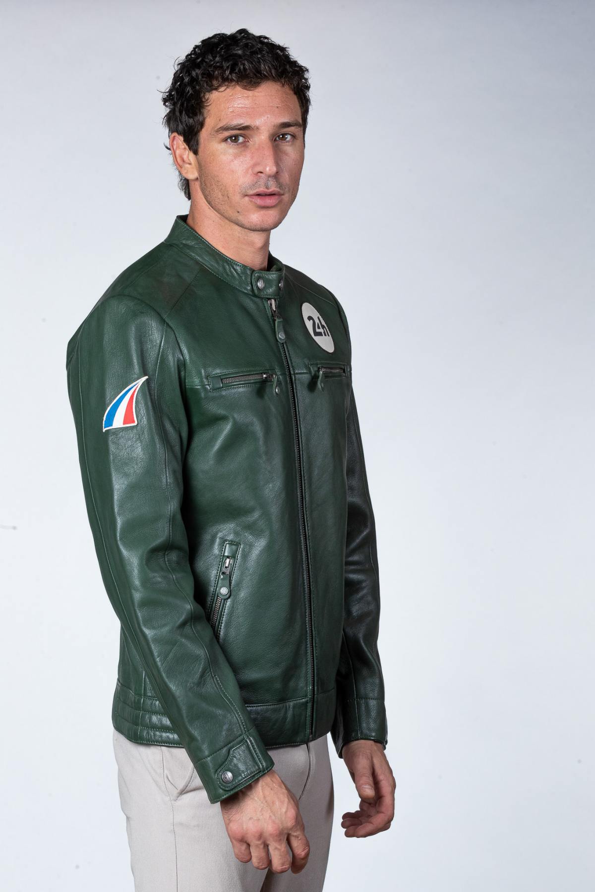 Green leather jacket with biker collar, vegetable tanned - Image n°4