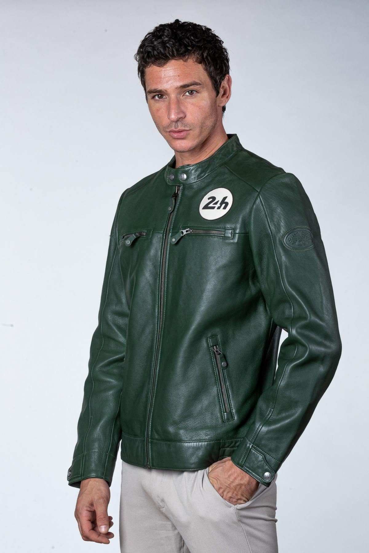 Green leather jacket with biker collar, vegetable tanned - Image n°1