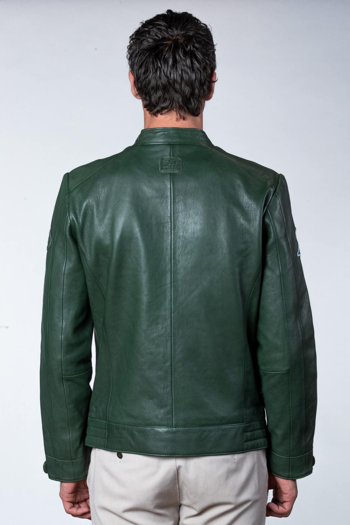 Green leather jacket with biker collar, vegetable tanned - Image n°3
