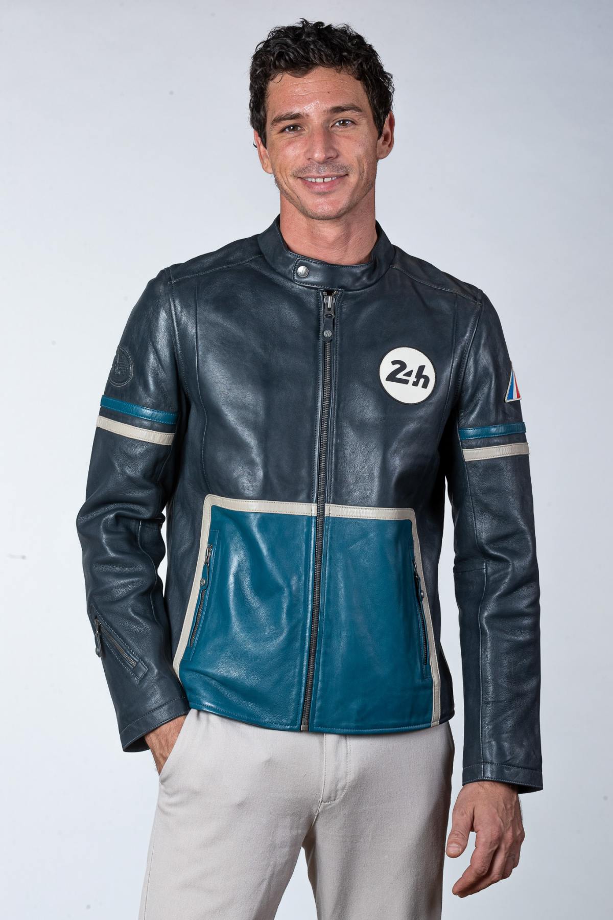 Tricolor racing leather jacket with biker collar - Image n°1