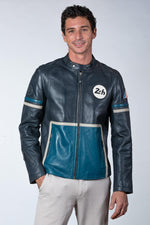 Tricolor racing leather jacket with biker collar - Image n°1