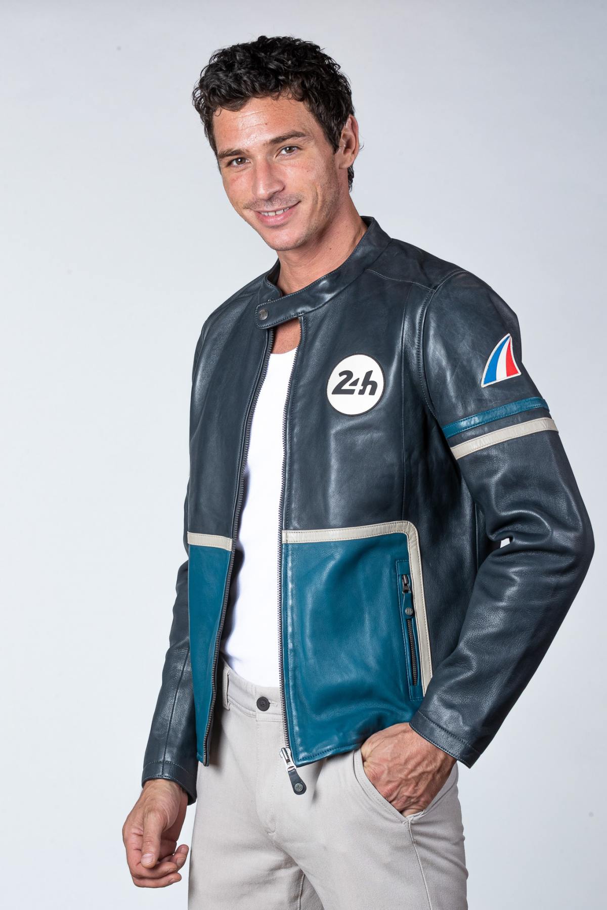 Tricolor racing leather jacket with biker collar - Image n°3