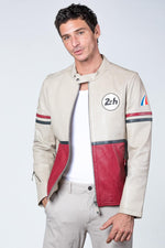 Tricolor racing leather jacket with biker collar - Image n°5