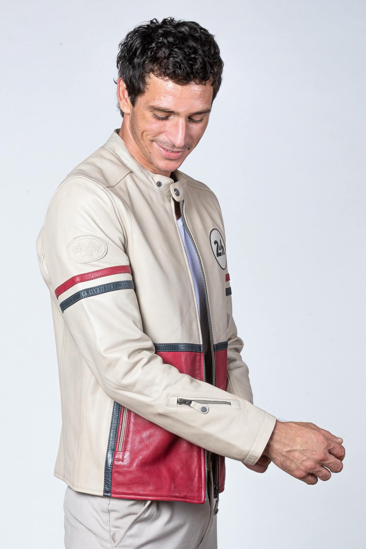 Tricolor racing leather jacket with biker collar - Image n°6
