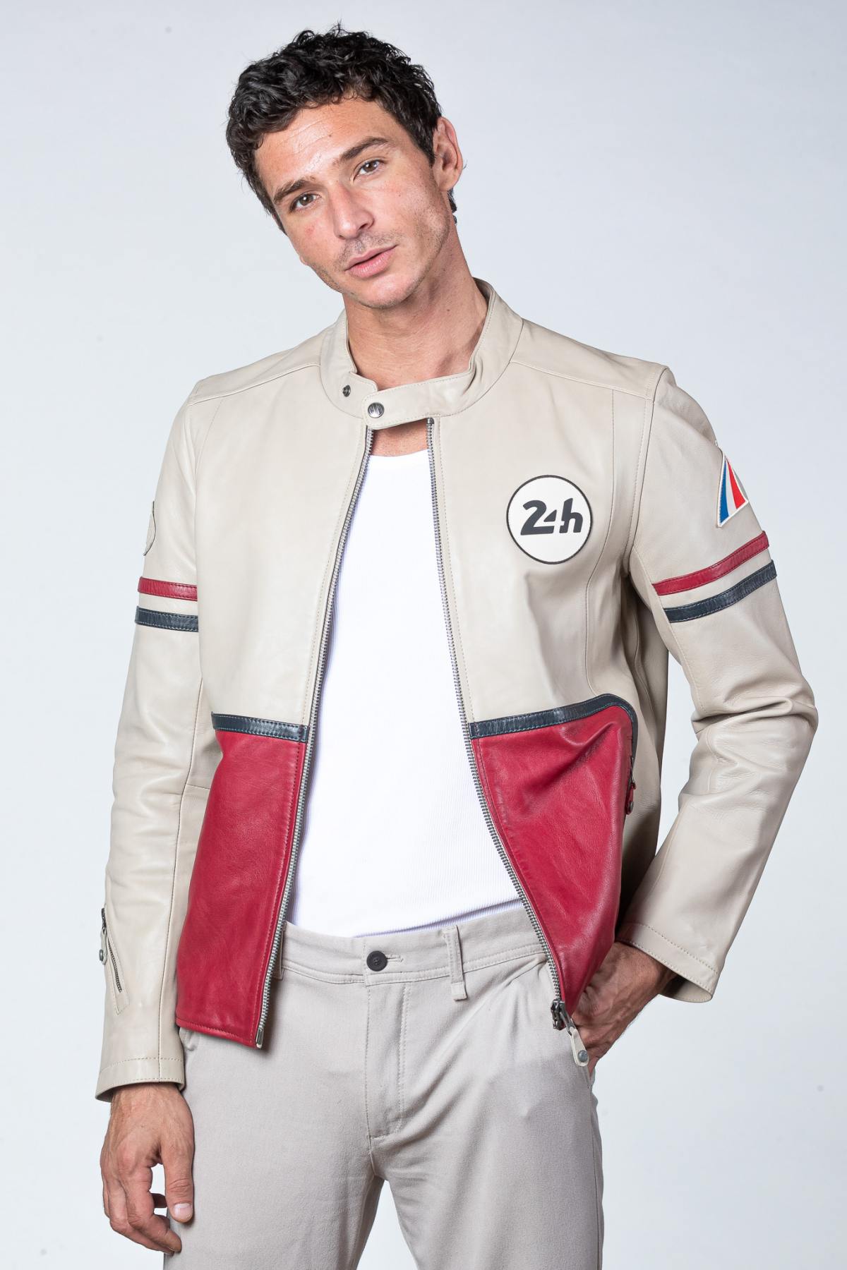 Tricolor racing leather jacket with biker collar - Image n°1