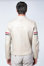 Tricolor racing leather jacket with biker collar - Image n°3
