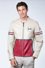 Tricolor racing leather jacket with biker collar - Image n°4