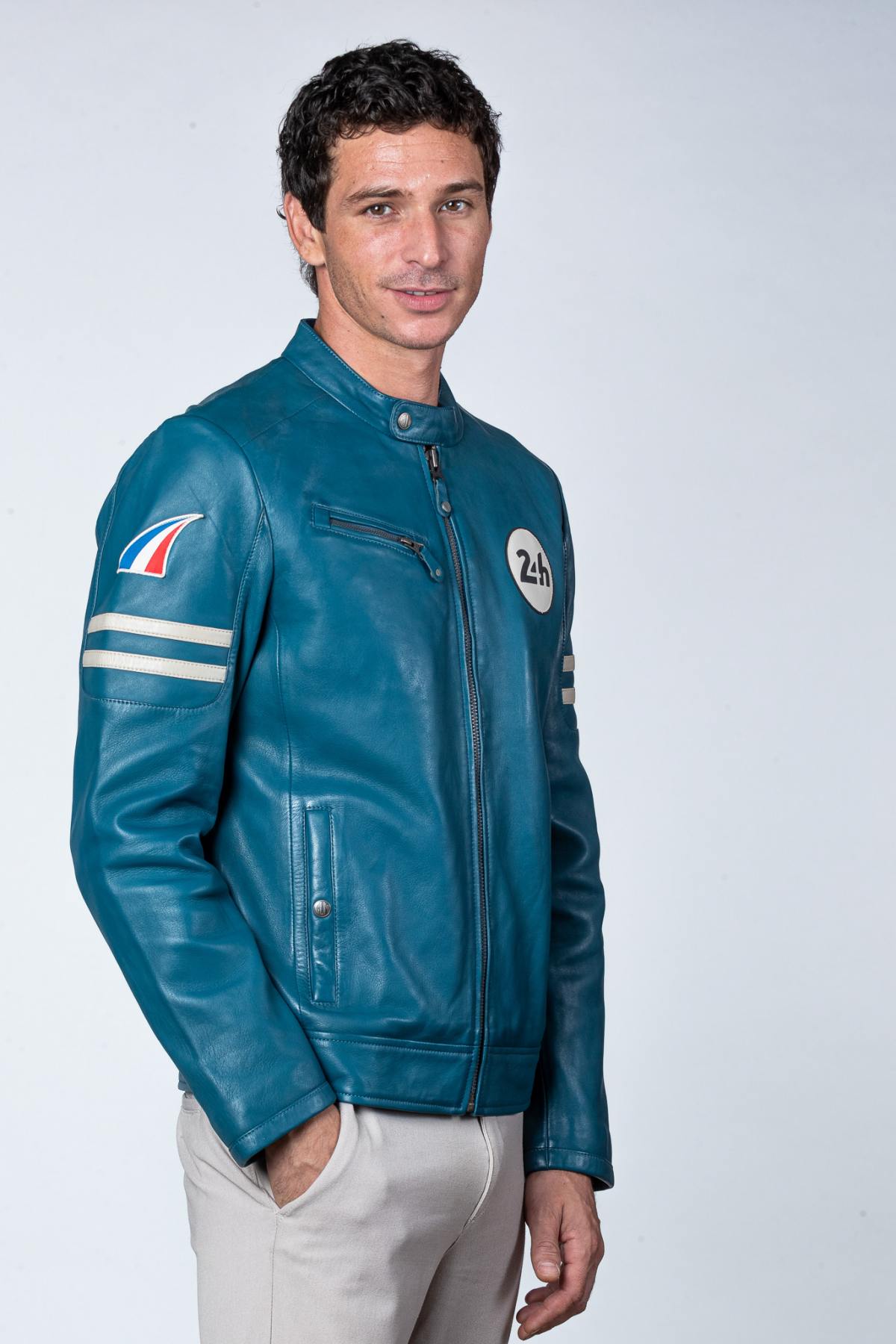 Ocean blue racing style leather jacket with biker collar - Image n°2