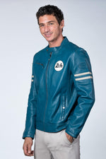 Ocean blue racing style leather jacket with biker collar - Image n°5