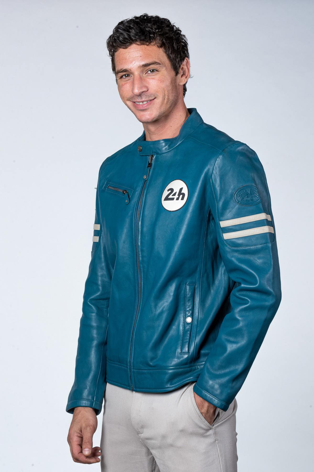 Ocean blue racing style leather jacket with biker collar - Image n°5