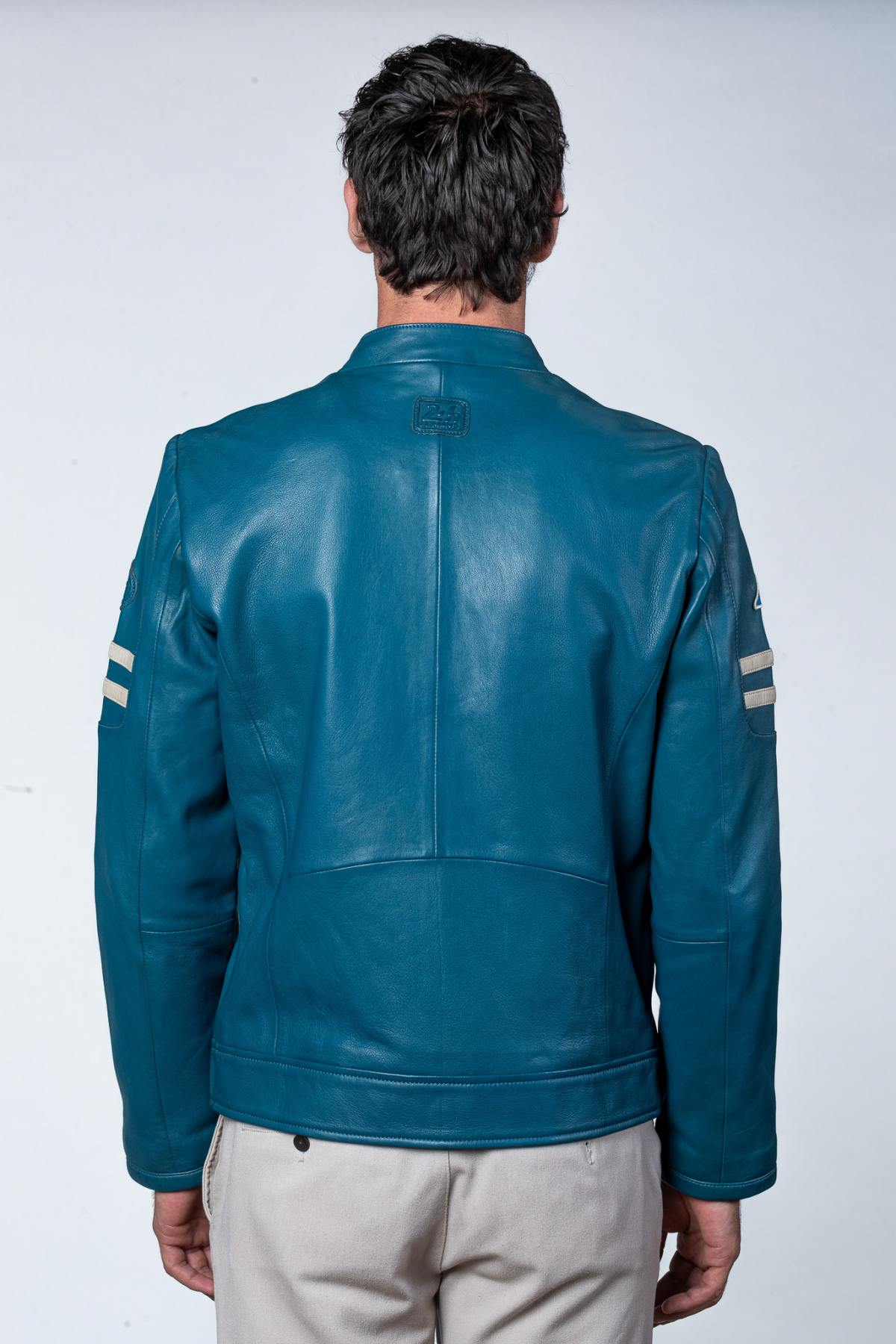 Ocean blue racing style leather jacket with biker collar - Image n°4