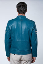 Ocean blue racing style leather jacket with biker collar - Image n°4