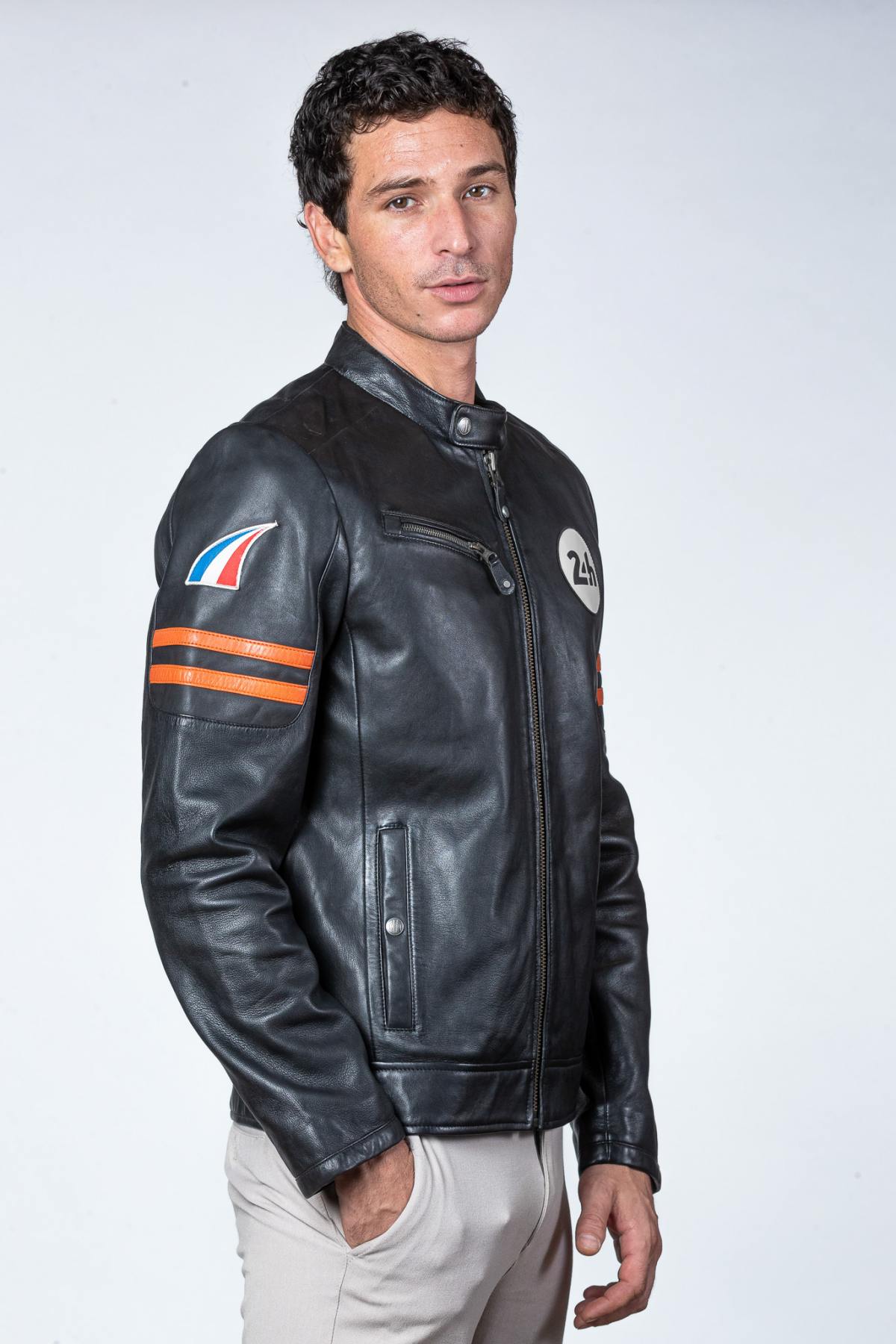 Black racing style leather jacket with biker collar - Image n°4