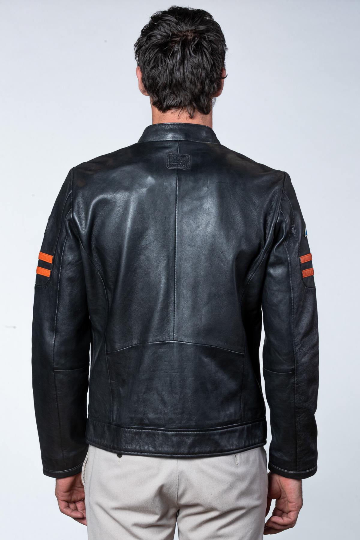 Black racing style leather jacket with biker collar - Image n°3