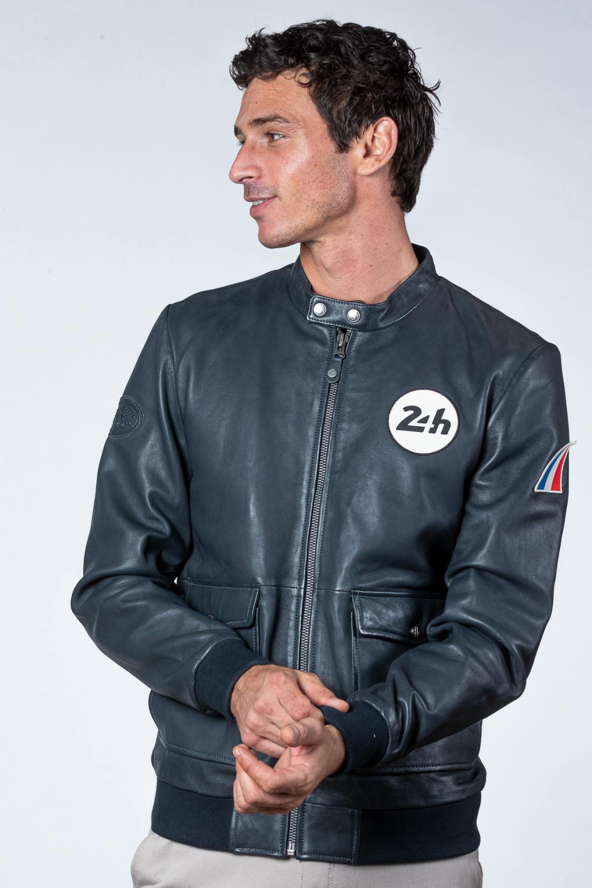 Navy sheepskin jacket with a soft, lightweight feel and biker collar. - Image n°1