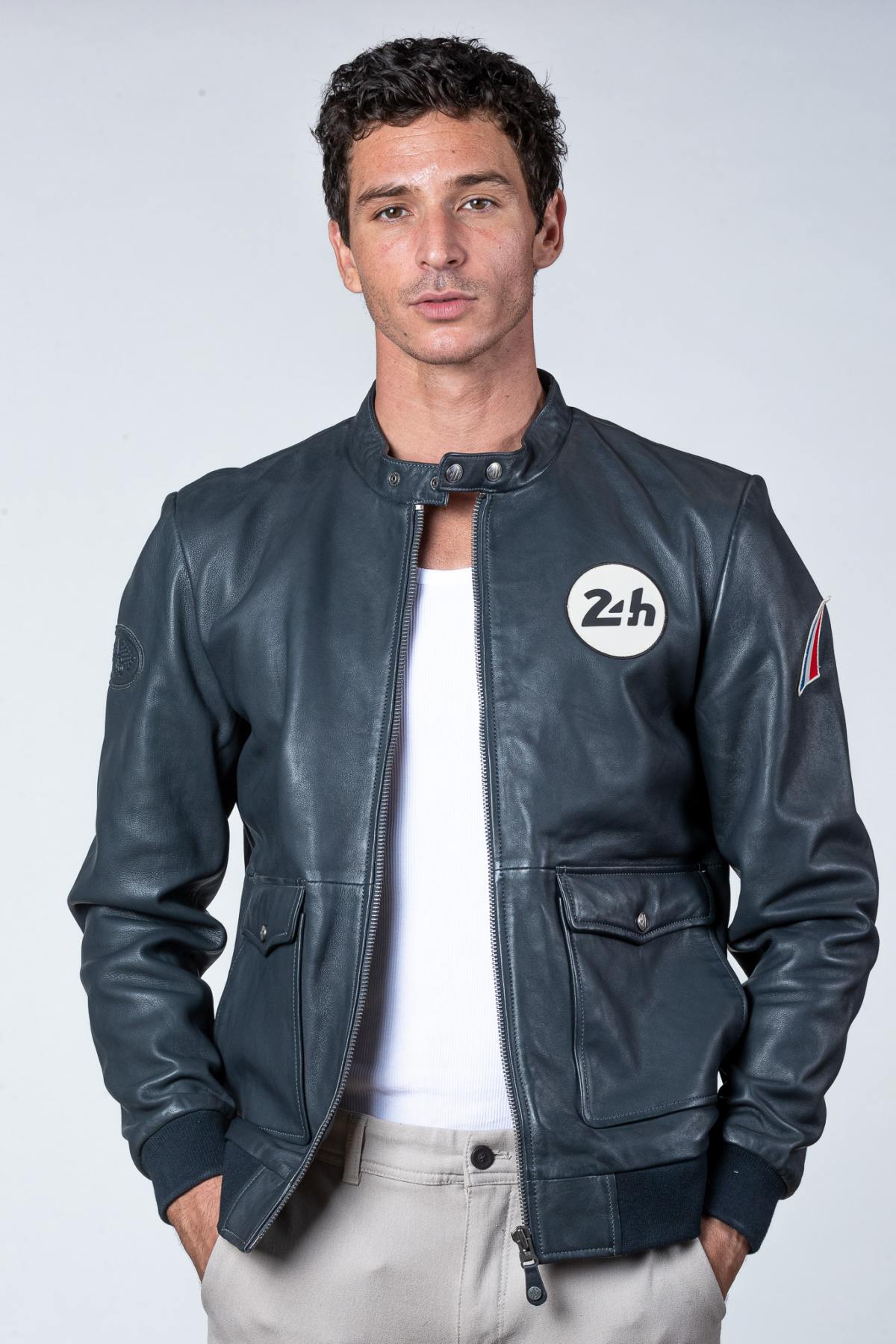 24h Le Mans navy blue biker collar leather jacket - Image n°5