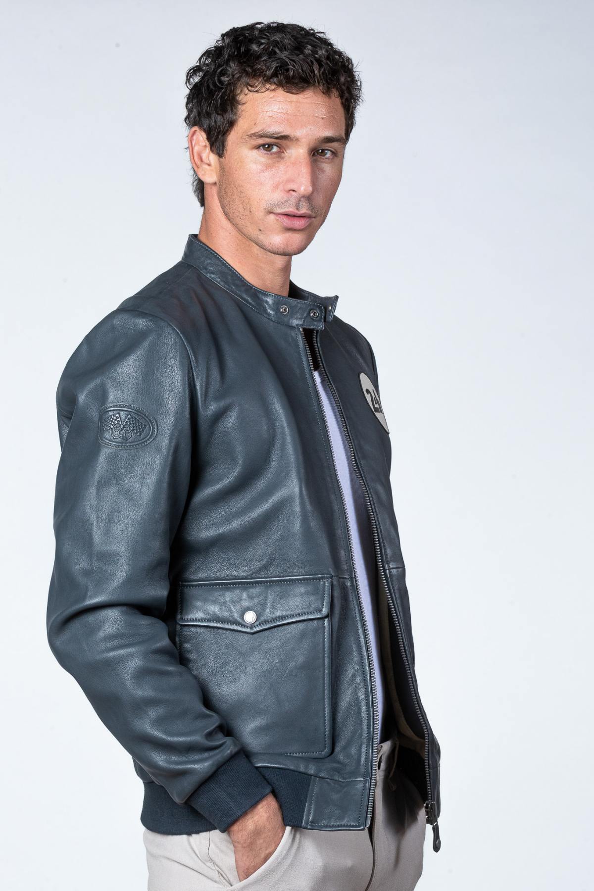 24h Le Mans navy blue biker collar leather jacket - Image n°5