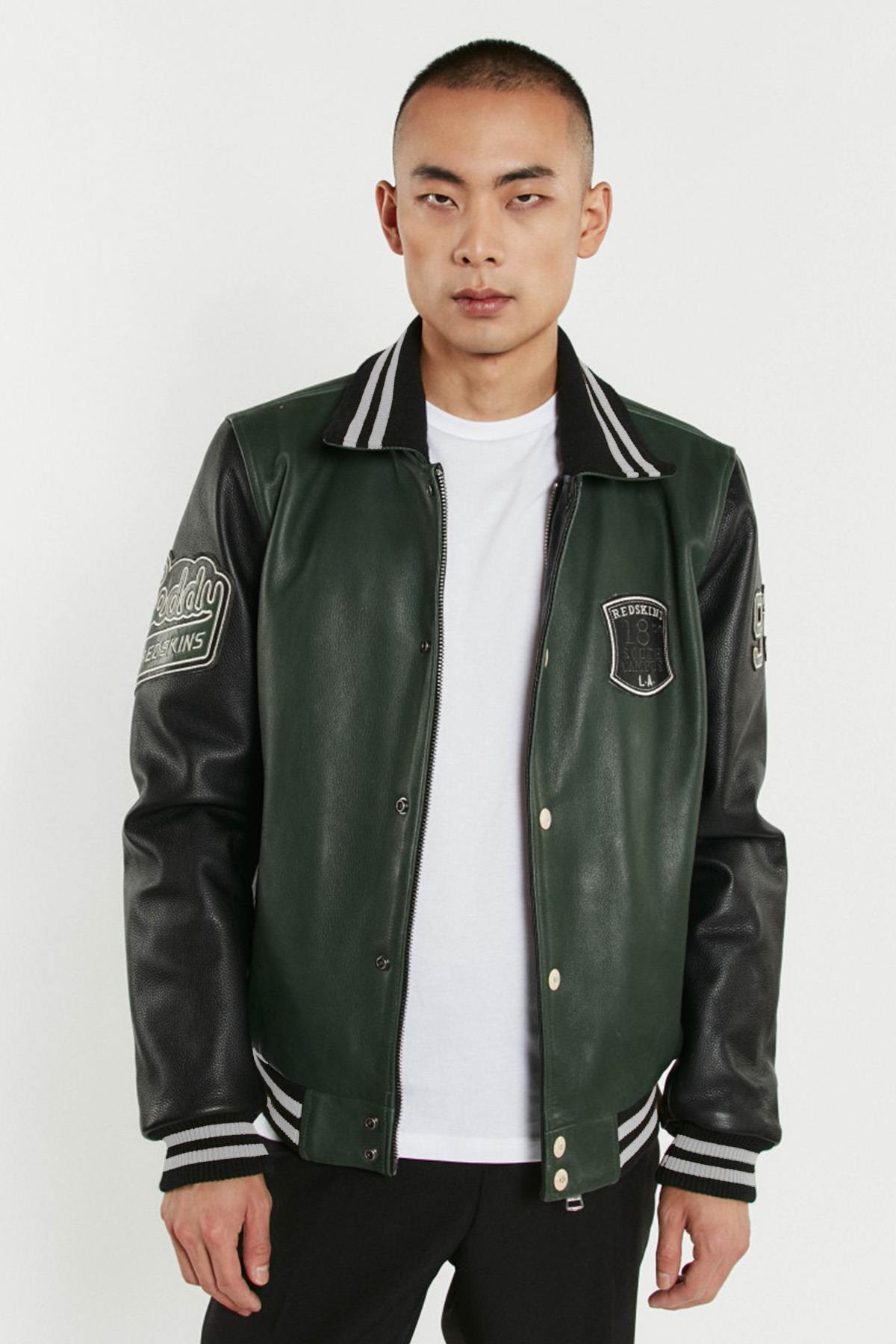 Varsity teddy jacket in forest green and black leather with shirt collar - Image n°5
