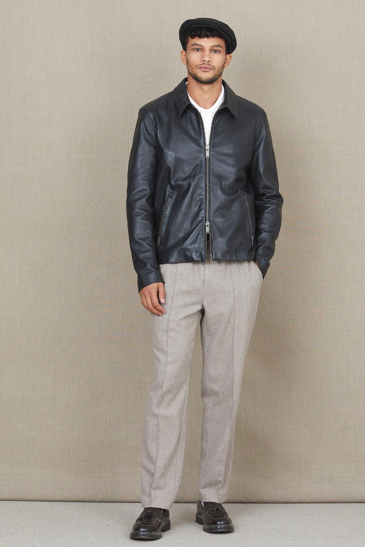 Black leather jacket with elegant shirt collar - Image n°1