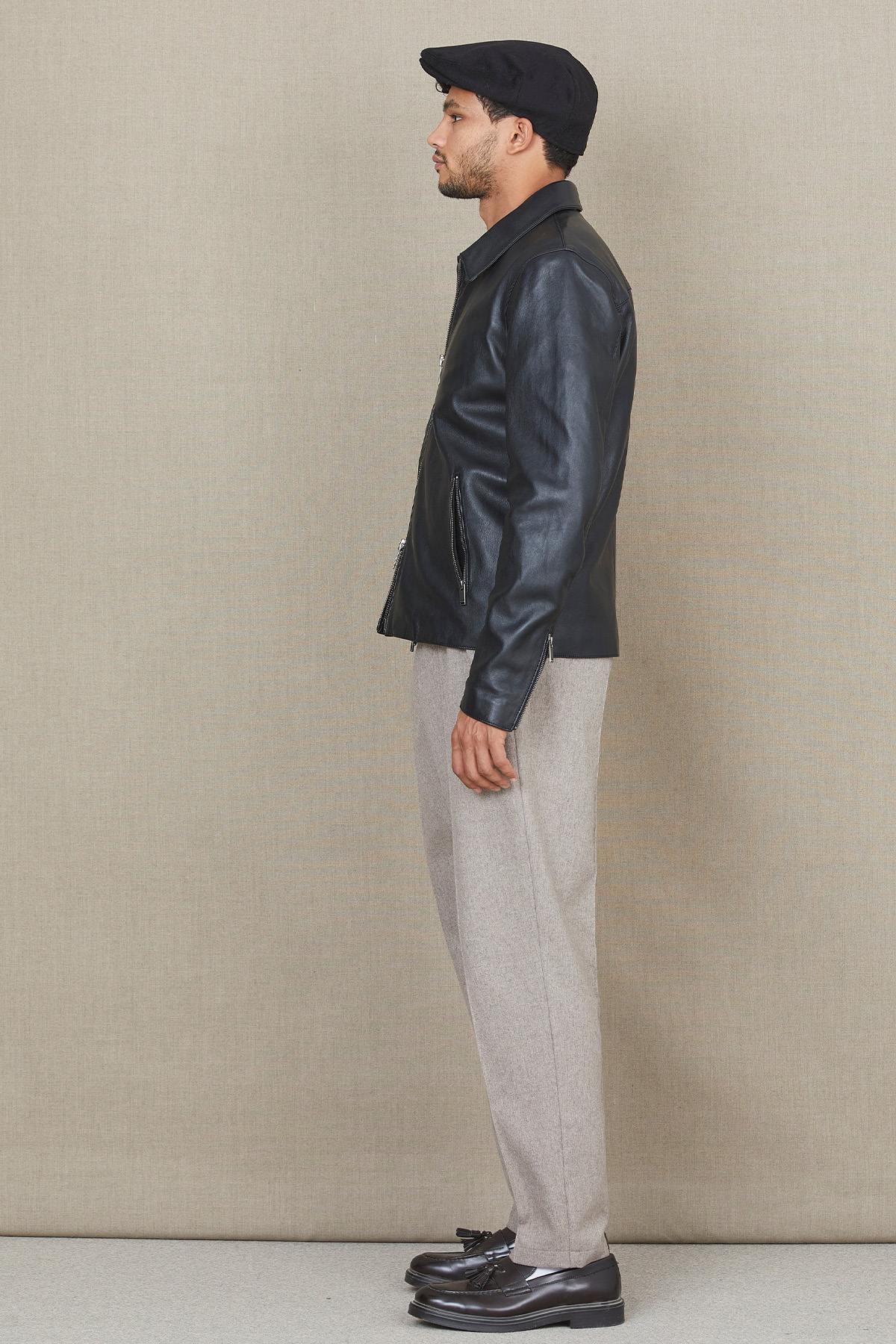 Black leather jacket with elegant shirt collar - Image n°5