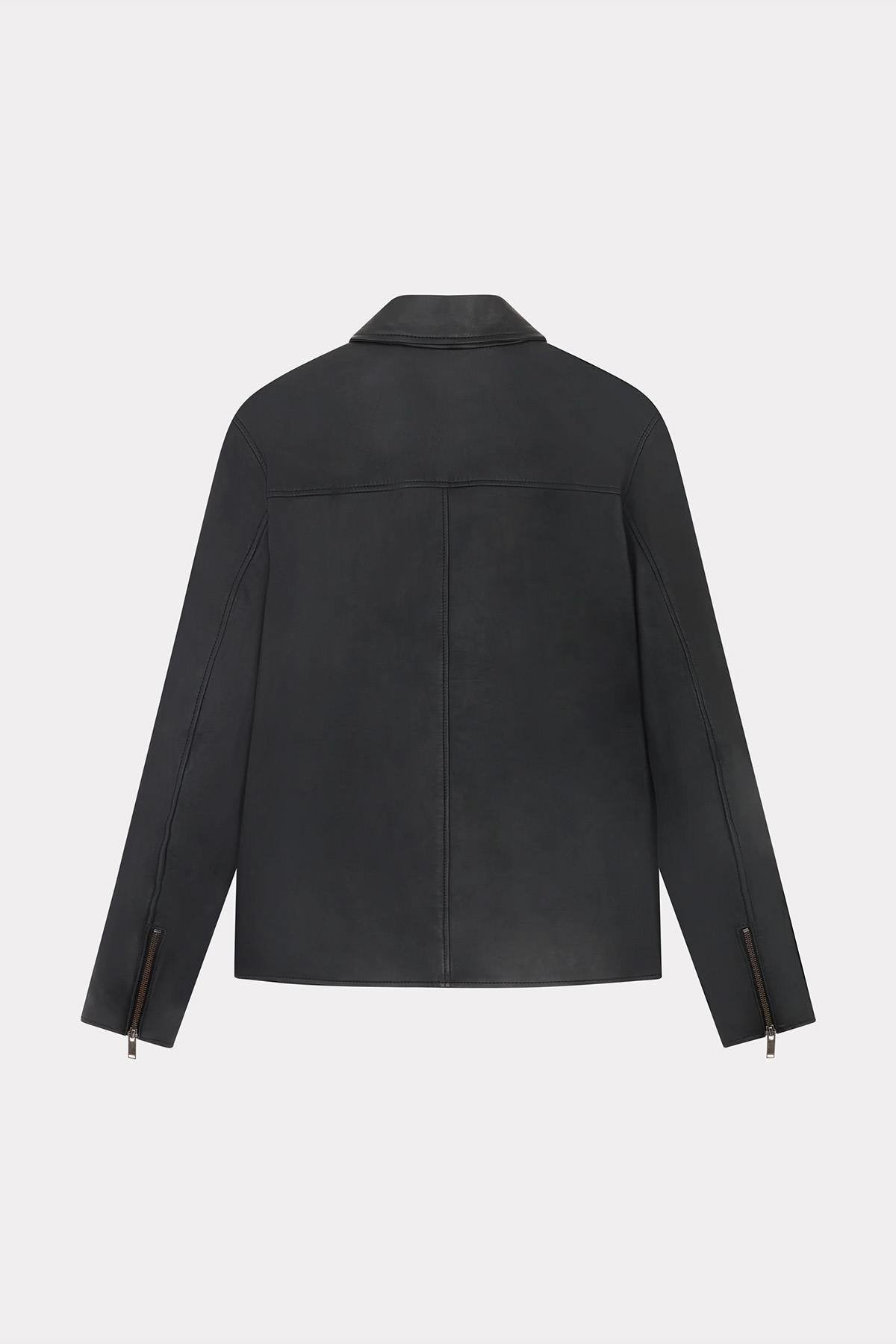 Black leather jacket with elegant shirt collar - Image n°7